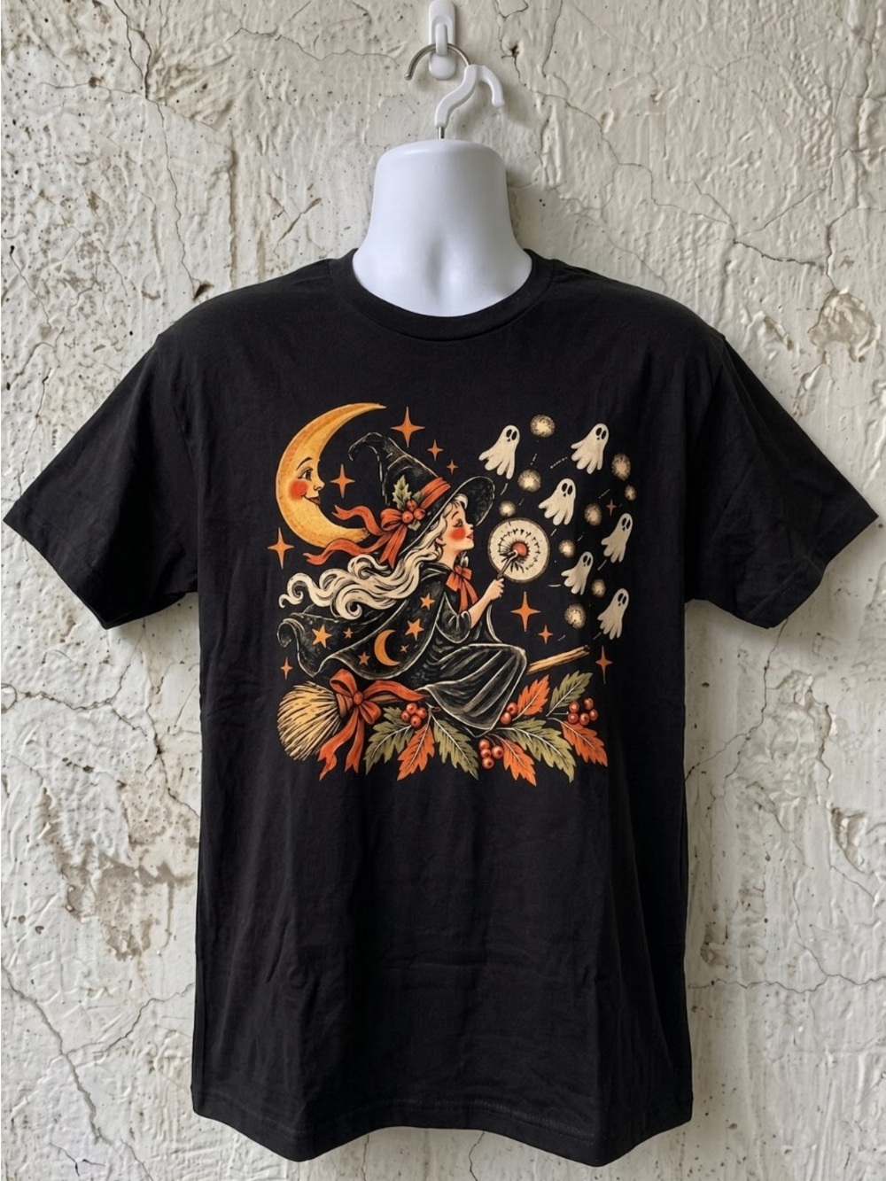 Gildan Black Short-Sleeve Witch Graphic Tee with Orange & Cream Accents